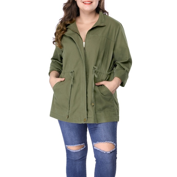 Agnes Orinda Cotton Army Green Drawstring Anorak Jacket Size 5X - Picture 1 of 6